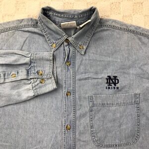 Vintage Notre Dame Fighting Irish Shirt Mens L Blue Denim Button Up 90s Y2K *